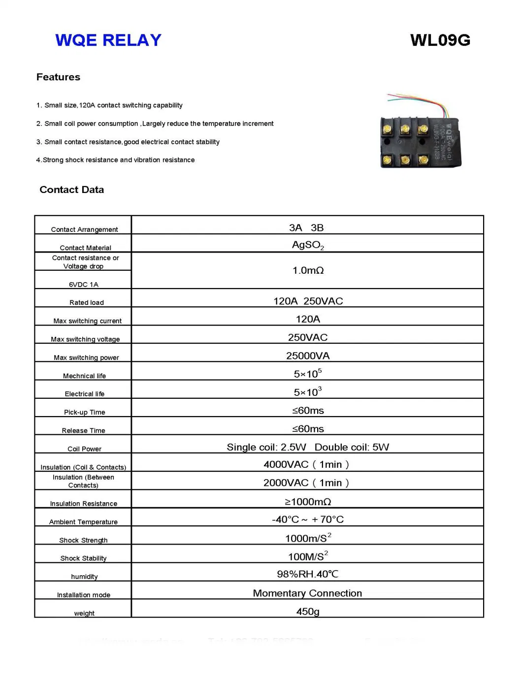 120A 250VAC Mini Smart Meter Relay Single Coil High Power Magnetic Latching Double Coil Latching Relay Wl09g