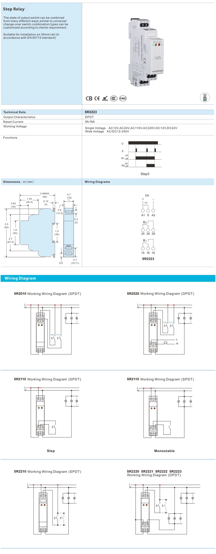 Dpdt Output 5A/16A Rated Current 12V 24V 110V 220V AC DC DIN-Rail Mounting Modular Step Relay